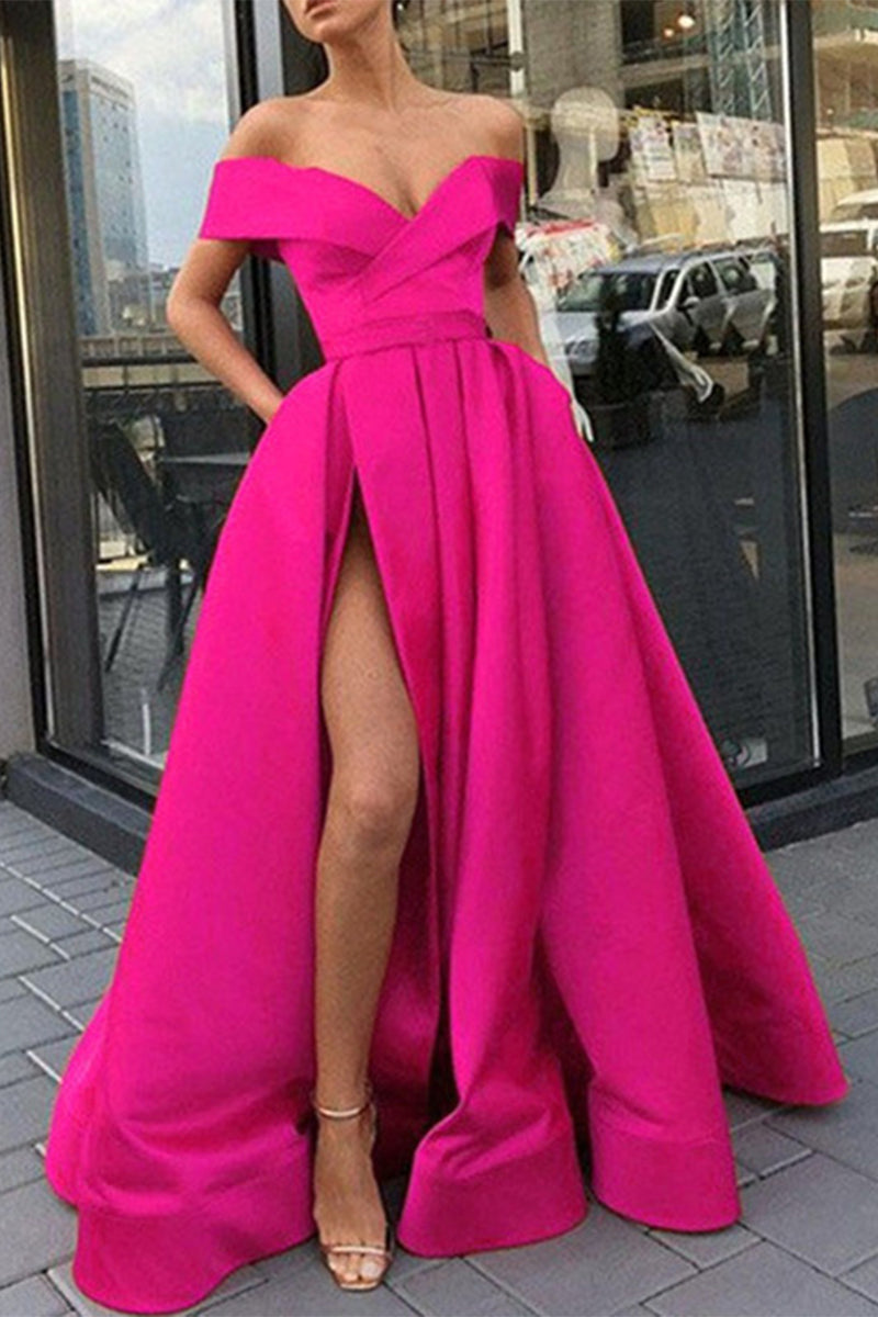 Valenzora | Elegantes formelles Abendkleid mit Schlitz und V-Ausschnitt in Unifarben – 12 Farben