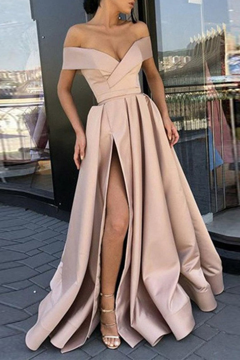 Valenzora | Elegantes formelles Abendkleid mit Schlitz und V-Ausschnitt in Unifarben – 12 Farben