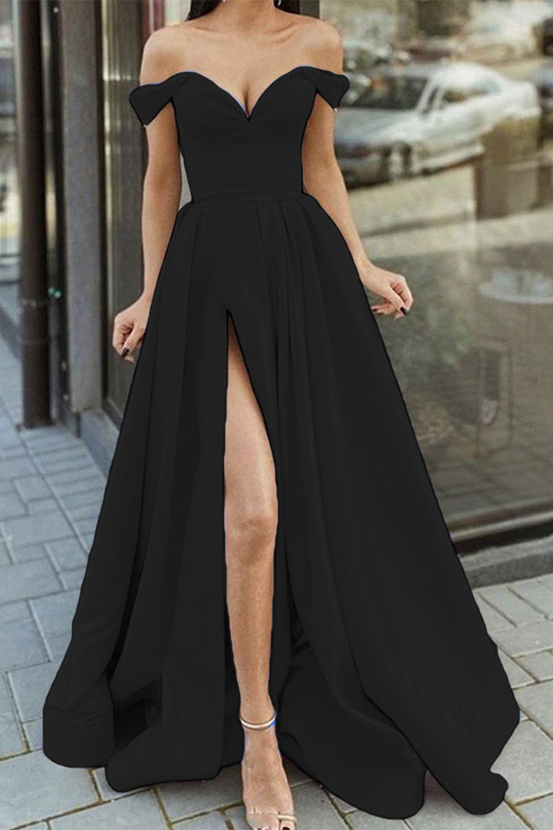 Valenzora | Elegantes formelles Abendkleid mit Schlitz und V-Ausschnitt in Unifarben – 12 Farben