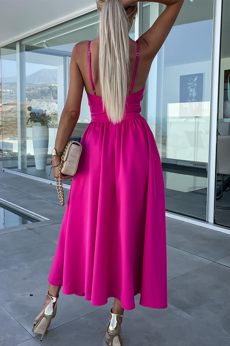 Valenzora | Lässiges, süßes, einfarbiges Kleid mit Schlitz und V-Ausschnitt, Trägerkleid