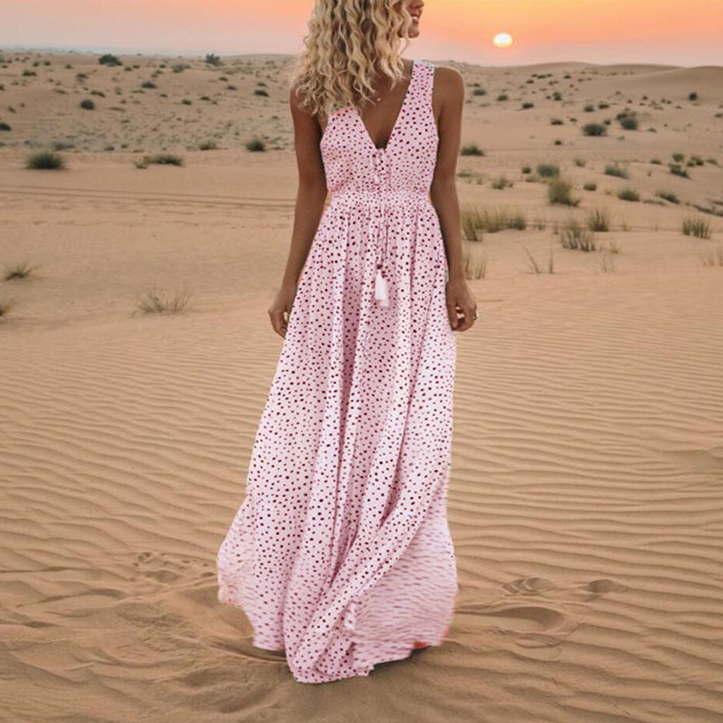 Valenzora | Bohemian patchwork dress with V-neck and A-line in polka dots
