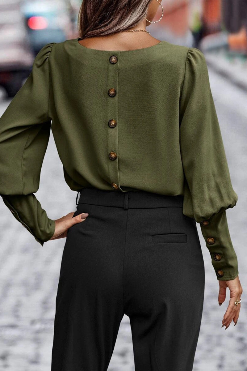 Pamela™ - Elegant solid button O-neck tops