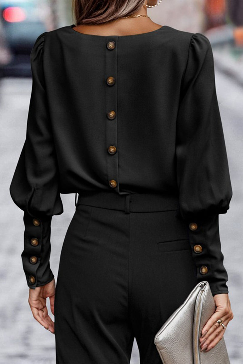 Pamela™ - Elegant solid button O-neck tops