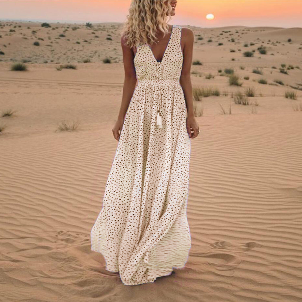 Valenzora | Bohemian patchwork dress with V-neck and A-line in polka dots
