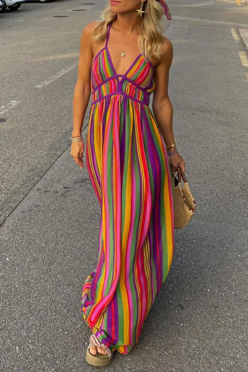 Valenzora | V-neck dress with contrast stripes for vacation