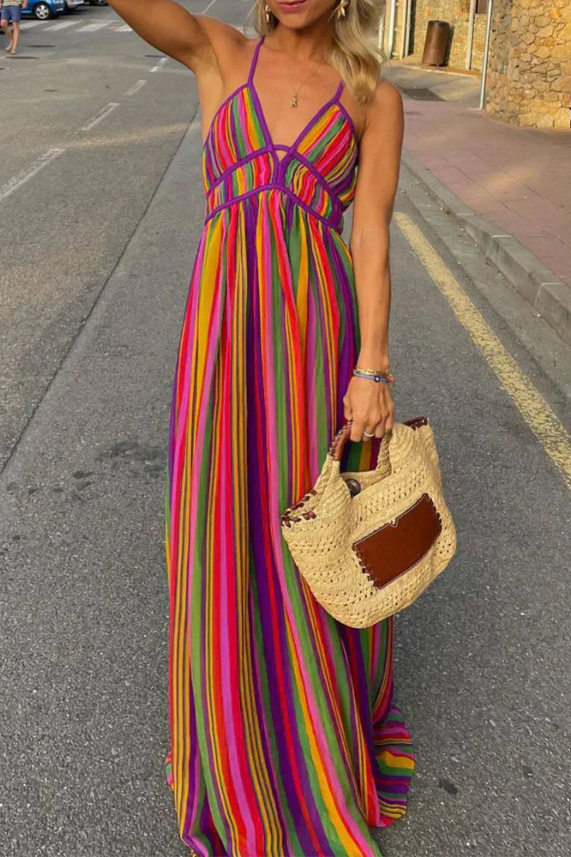 Valenzora | V-neck dress with contrast stripes for vacation