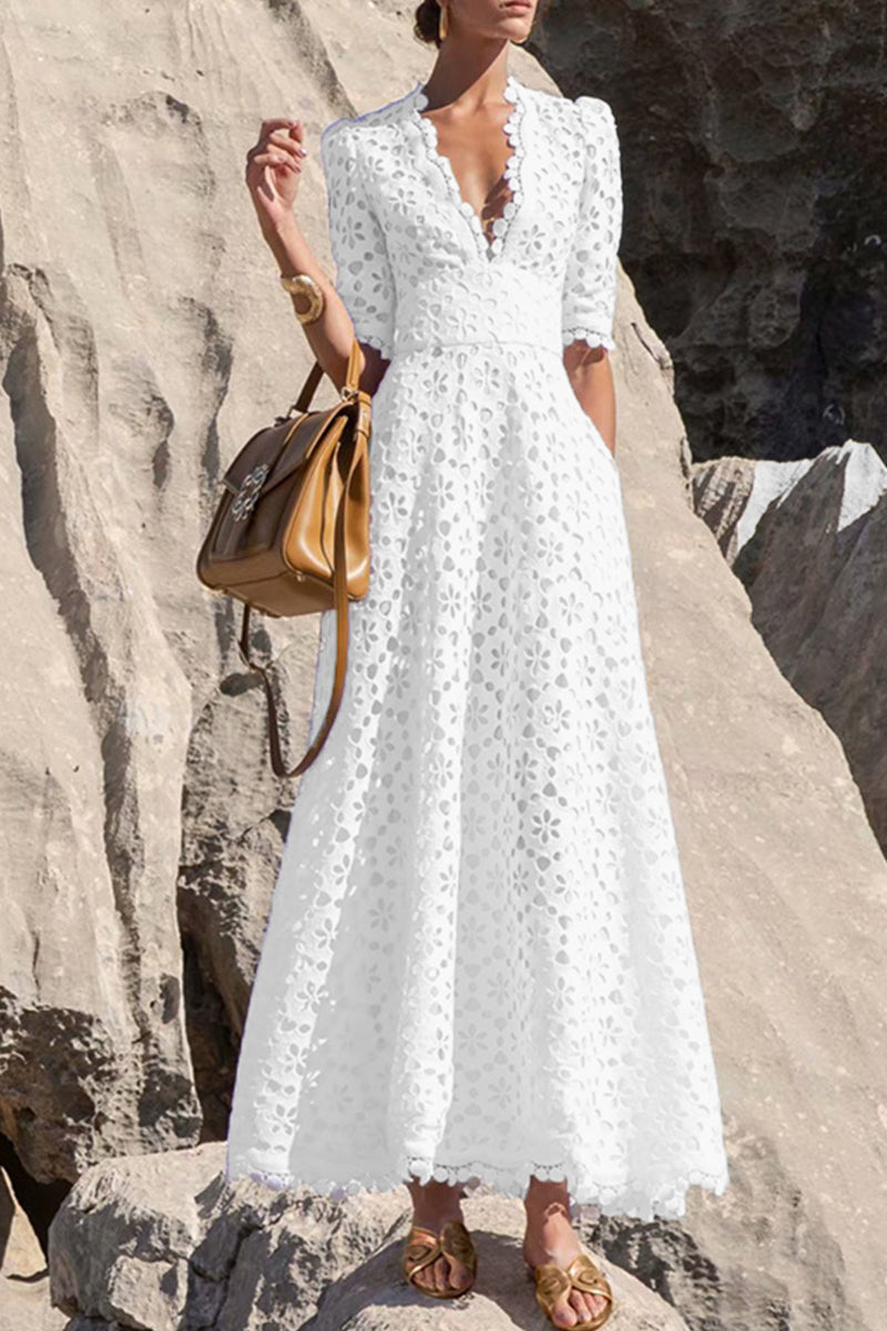 Valenzora | Elegant Solid Color Hollowed-Out V-Neck Fitted Skirt Short Sleeve Dress
