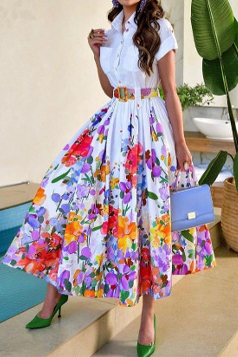 Valenzora | Celebrity Elegant Floral with Belt Turn-Up Collar Printed Dress Short Sleeve Dress