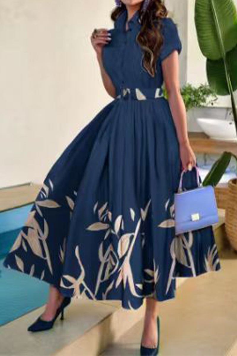 Valenzora | Celebrity Elegant Floral with Belt Turn-Up Collar Printed Dress Short Sleeve Dress
