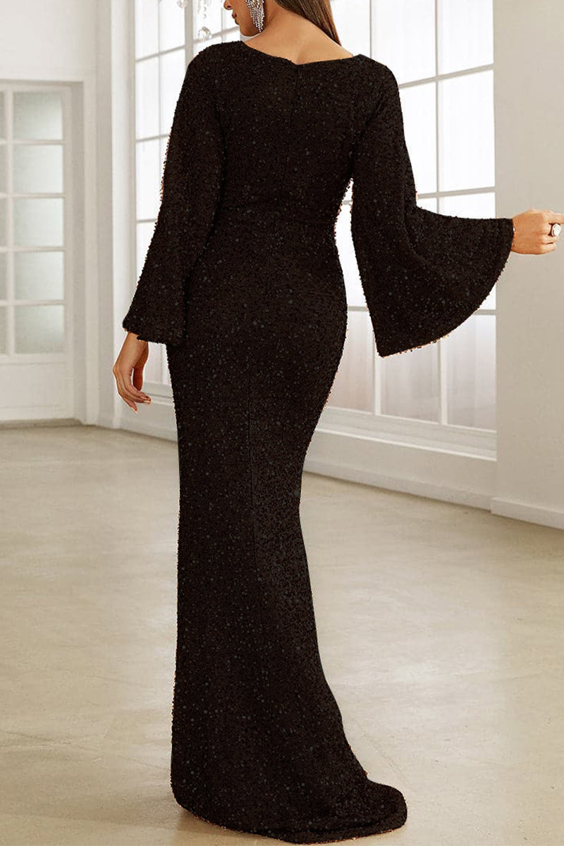 Valenzora | Elegant formal solid color sequined V-neck evening dress