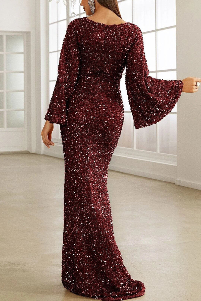Valenzora | Elegant formal solid color sequined V-neck evening dress