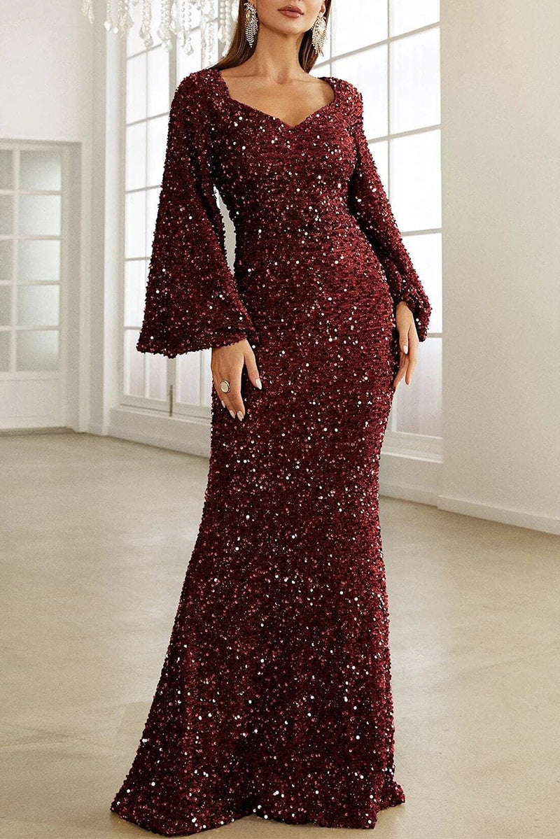 Valenzora | Elegant formal solid color sequined V-neck evening dress