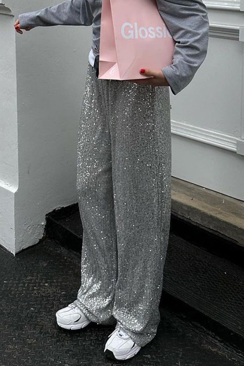 Valenzora | Casual Solid Color Sequin Loose Straight Solid Color Trousers