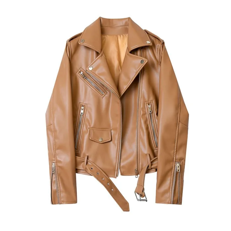 Valenzora | Damen Biker-Lederjacke mit Reißverschlüssen und Gürtel