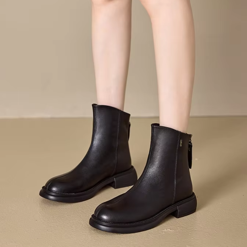 Valenzora | Women's Leather Ankle Boots with Back Zipper and Low Heel