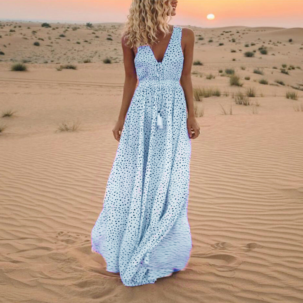 Valenzora | Bohemian patchwork dress with V-neck and A-line in polka dots