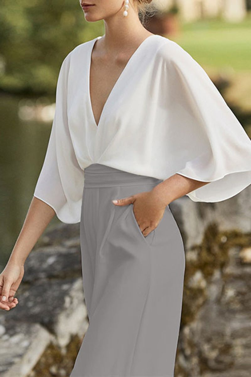 Valenzora | British style Elegant color block bag Contrast V-neck Loose jumpsuits