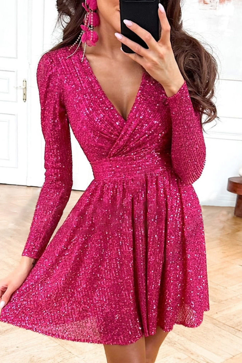 Valenzora | Elegant solid color sequined V-neck long-sleeved dresses