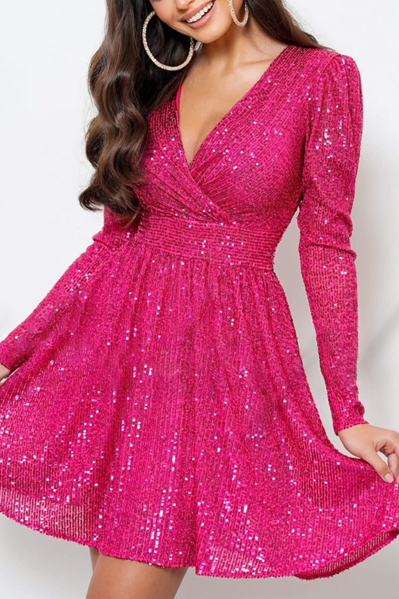 Valenzora | Elegant solid color sequined V-neck long-sleeved dresses