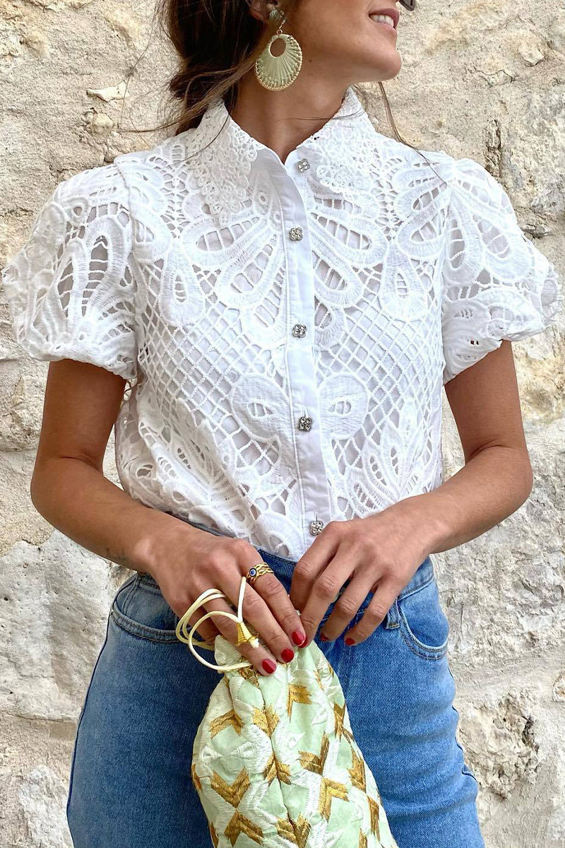 Valenzora | Casual Solid Color Lace Hollowed-Out Turn-Down Collar Tops