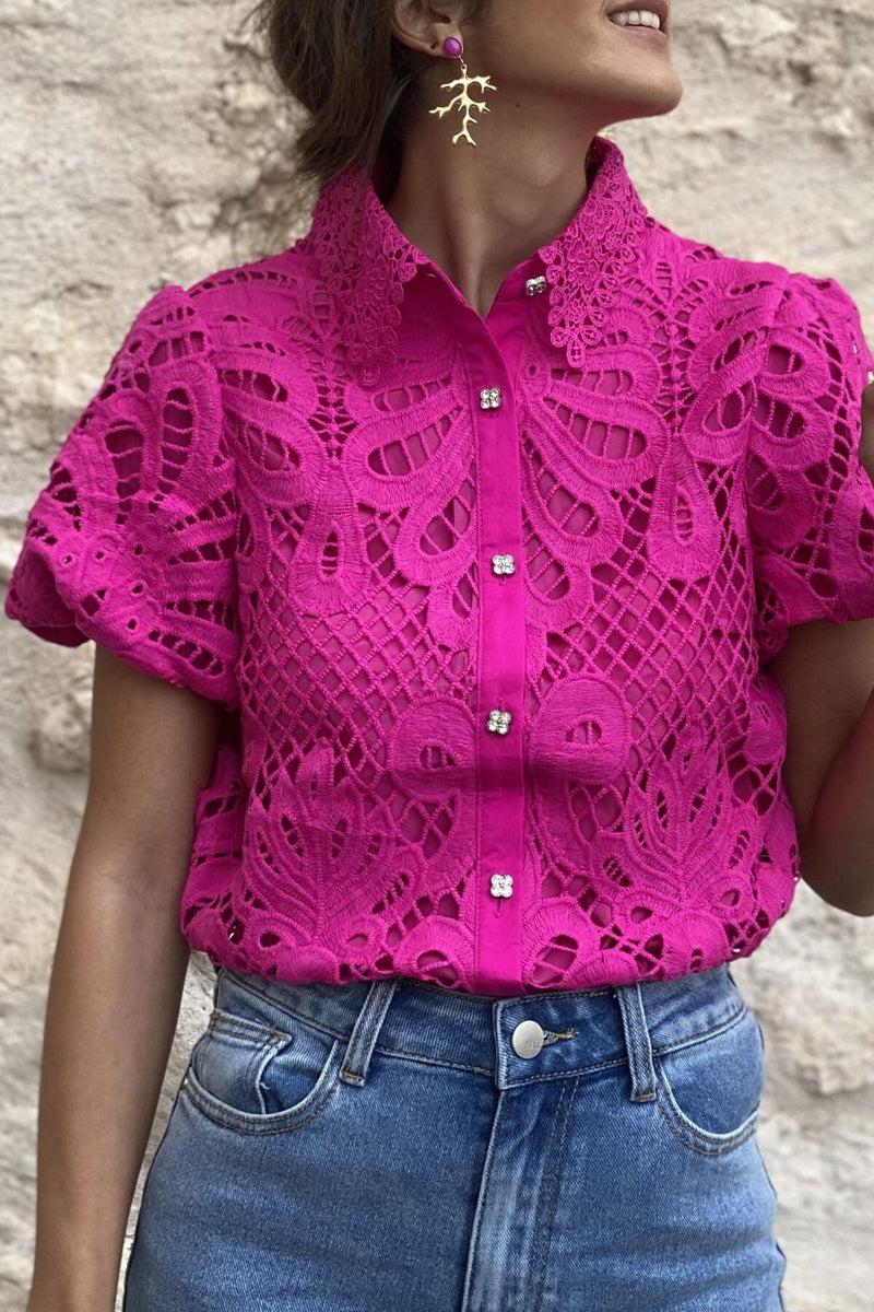 Valenzora | Casual Solid Color Lace Hollowed-Out Turn-Down Collar Tops