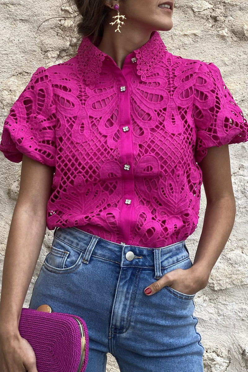 Valenzora | Casual Solid Color Lace Hollowed-Out Turn-Down Collar Tops