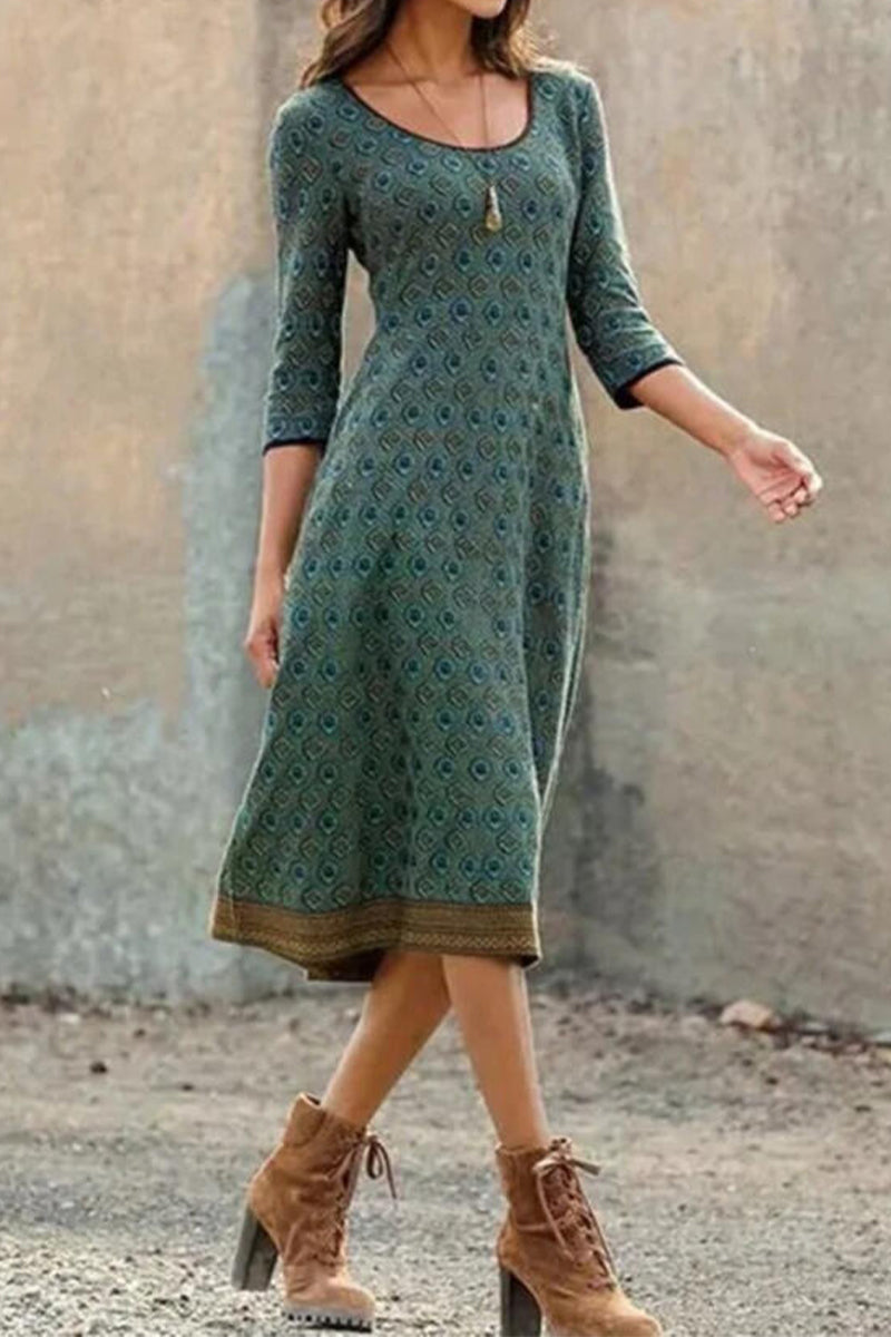 Valenzora | Lässige A-Linien-Kleider mit geometrischem Vintage-Print und Rundhalsausschnitt