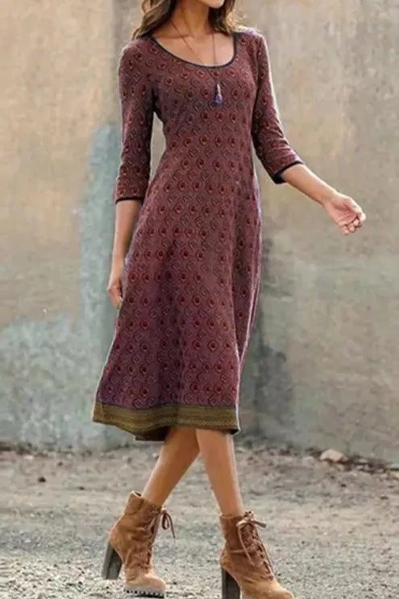 Valenzora | Lässige A-Linien-Kleider mit geometrischem Vintage-Print und Rundhalsausschnitt