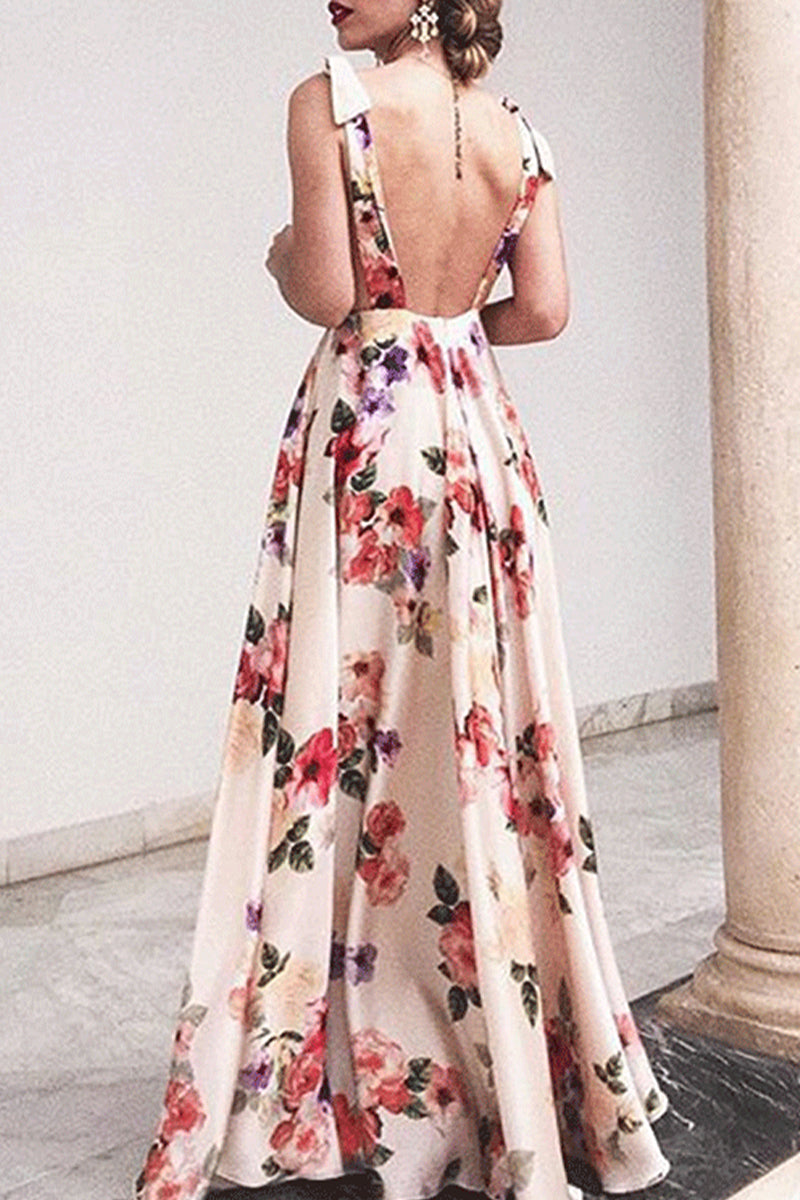 Valenzora | Elegant floral backless V-neck printed dress