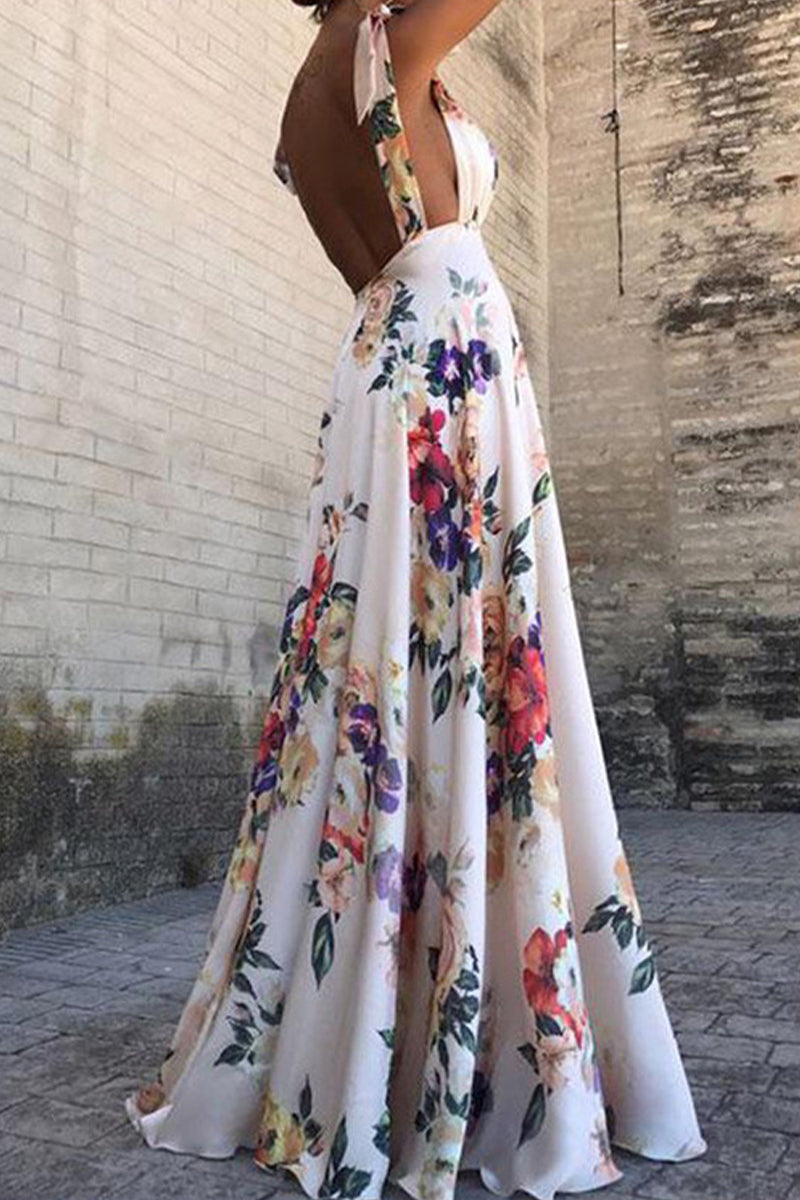 Valenzora | Elegant floral backless V-neck printed dress