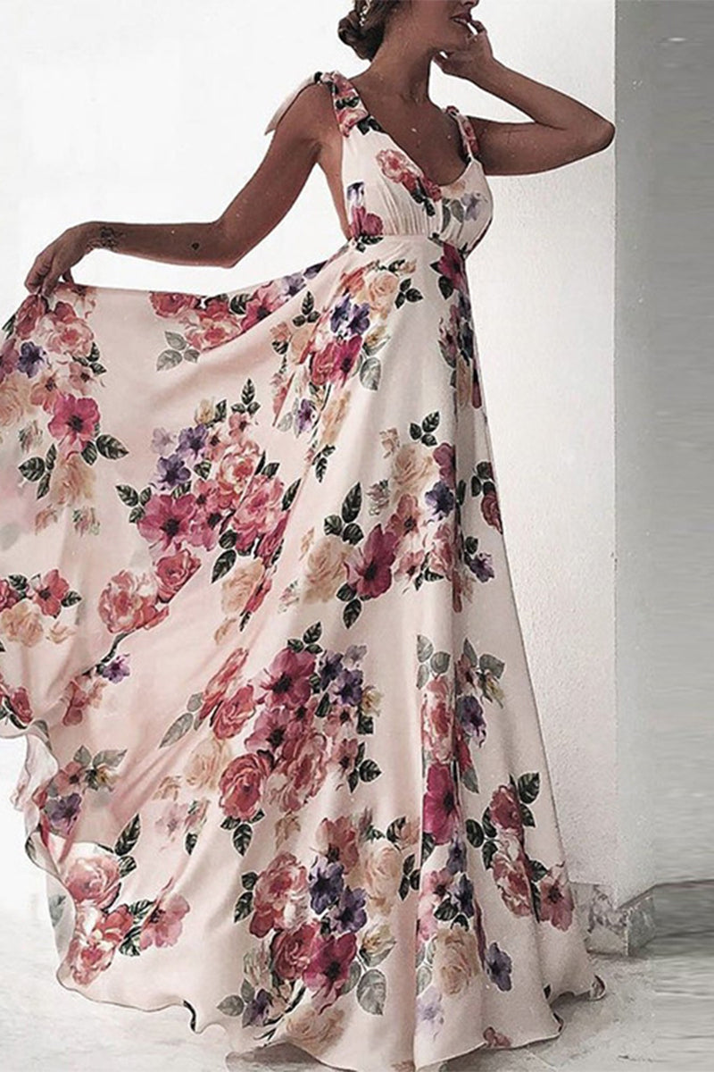 Valenzora | Elegant floral backless V-neck printed dress