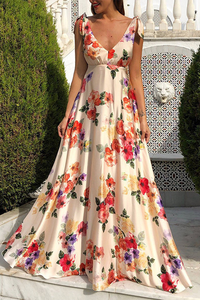Valenzora | Elegant floral backless V-neck printed dress