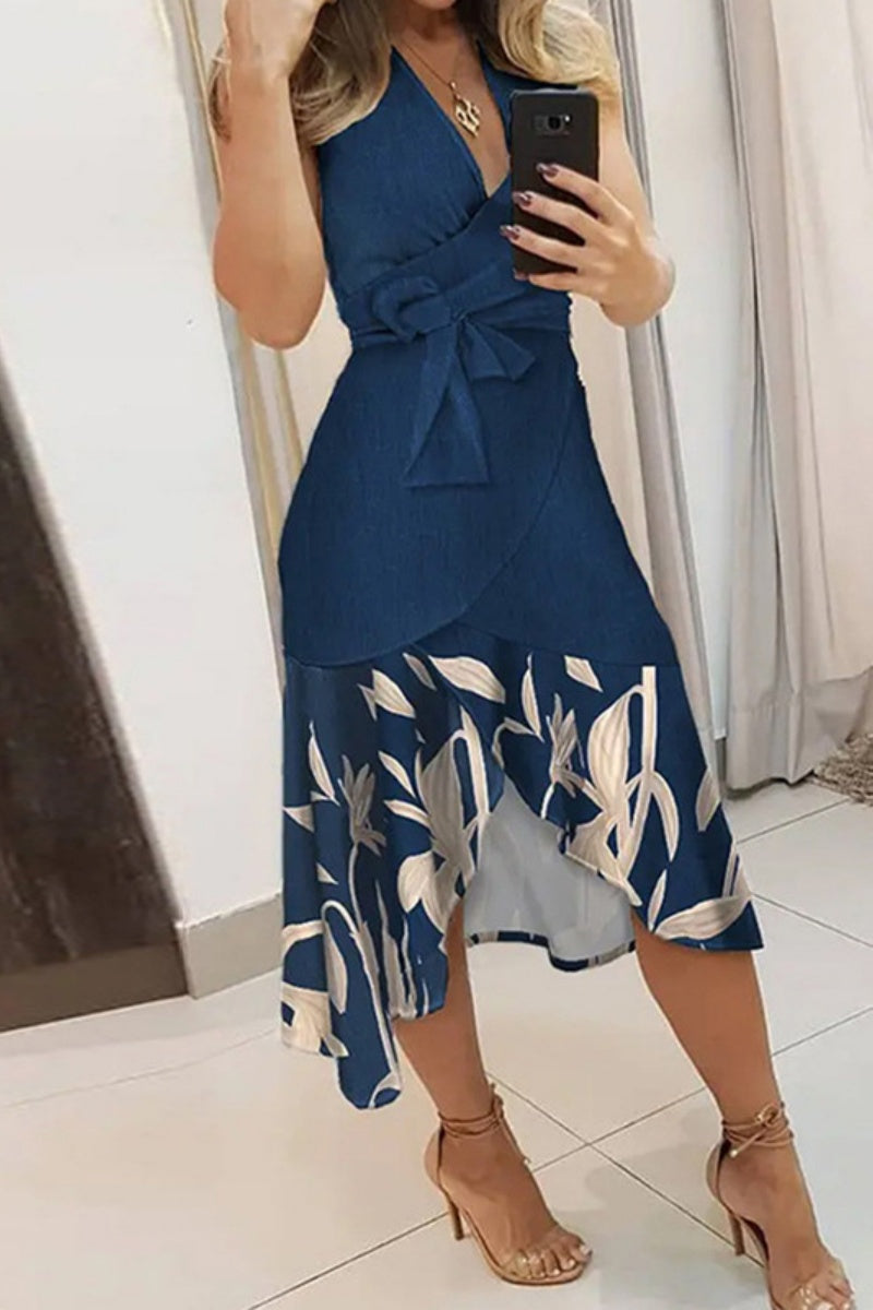 Valenzora | Lässiges ärmelloses V-Ausschnitt-Kleid mit Print-Patchwork und Frenulum
