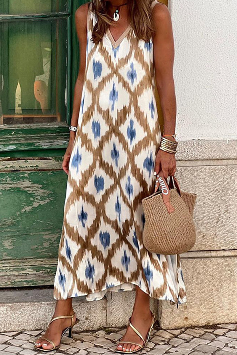 Valenzora | Leisure Geometric Print Patchwork V-Neck Slip Dresses