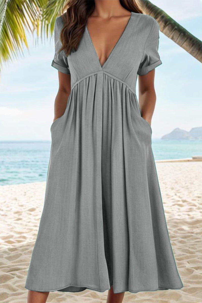 Valenzora | Casual Solid Color Pockets Pleated V-Neck A-Line Dresses