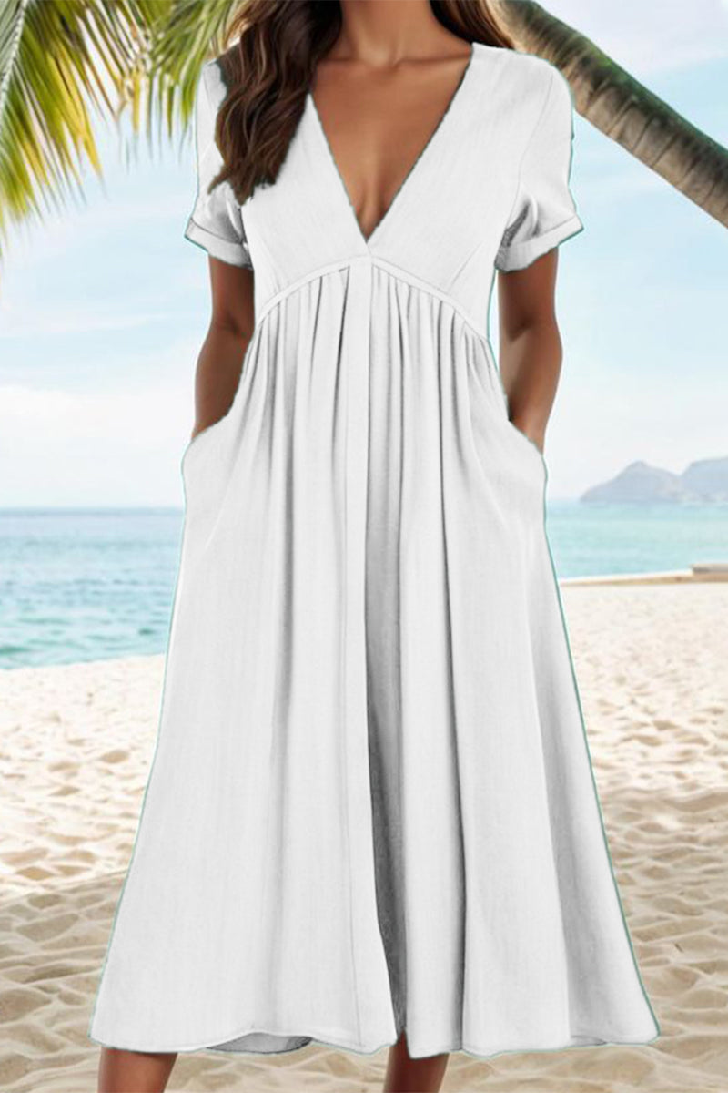 Valenzora | Casual Solid Color Pockets Pleated V-Neck A-Line Dresses