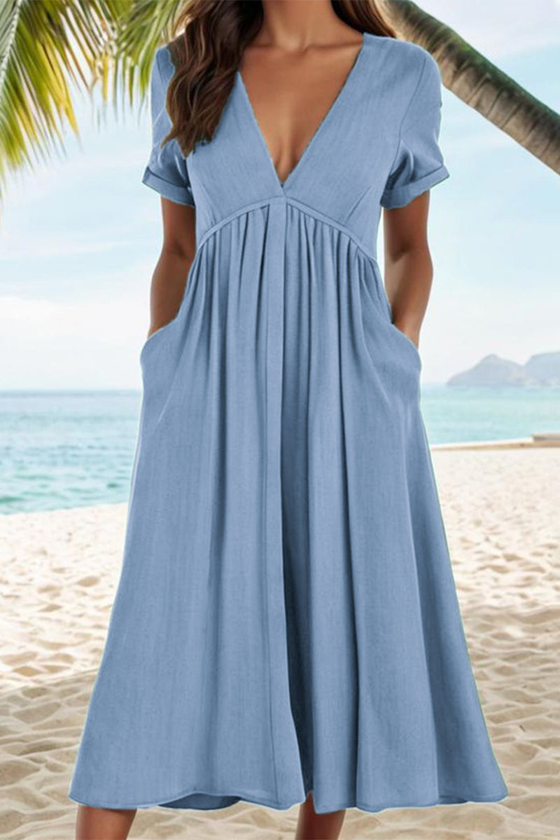 Valenzora | Casual Solid Color Pockets Pleated V-Neck A-Line Dresses