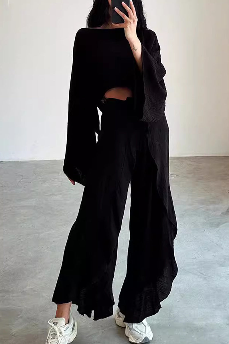 Valenzora | Casual Solid Frenulum Flounce Slit O-Neck Long Sleeve Two-Piece