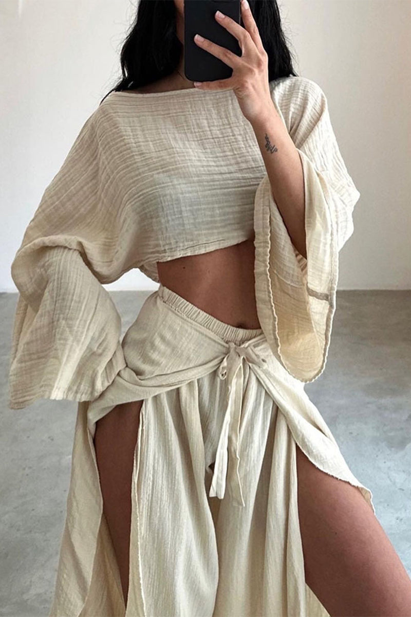 Valenzora | Casual Solid Frenulum Flounce Slit O-Neck Long Sleeve Two-Piece