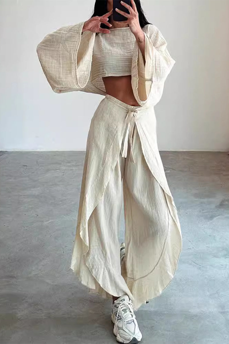 Valenzora | Casual Solid Frenulum Flounce Slit O-Neck Long Sleeve Two-Piece