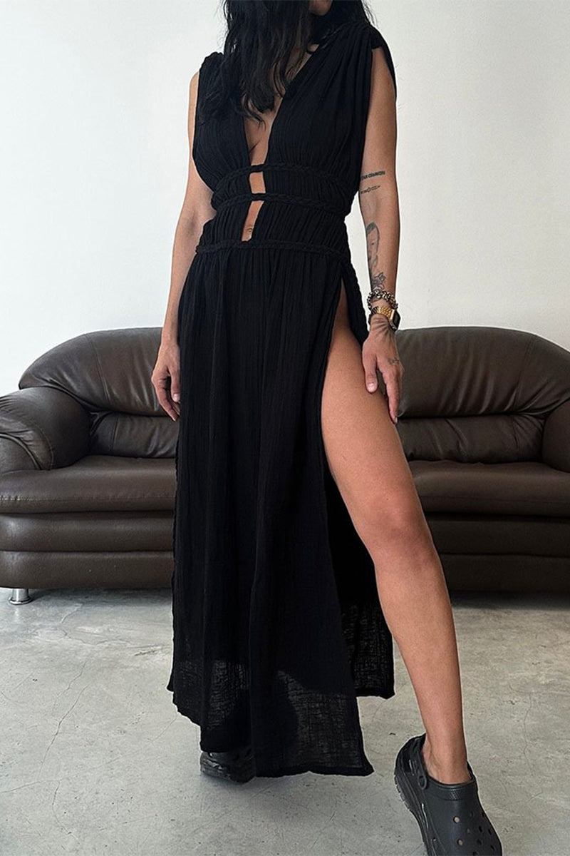 Valenzora | Sexy Bohemian Solid Color Slit V-Neck Beach Dresses