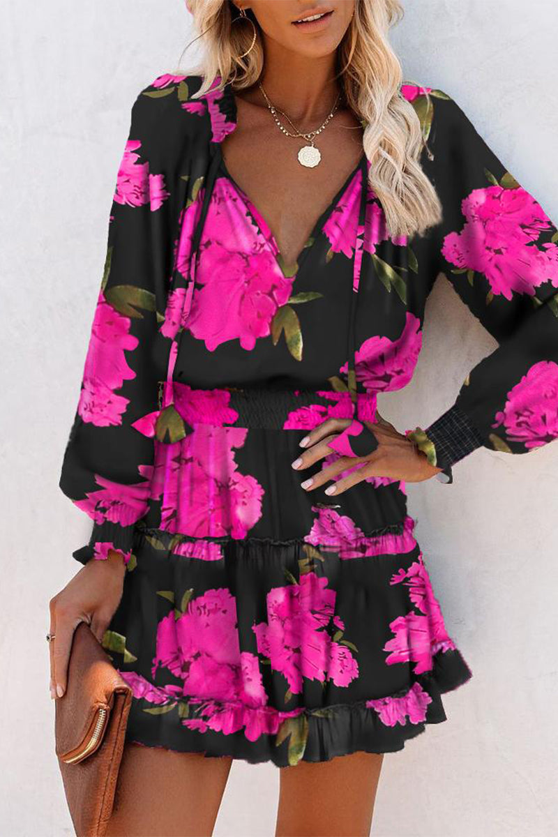 Valenzora | Vintage Geometric Print Frenulum Ruffle Pleated V-Neck Waist Skirt Dresses