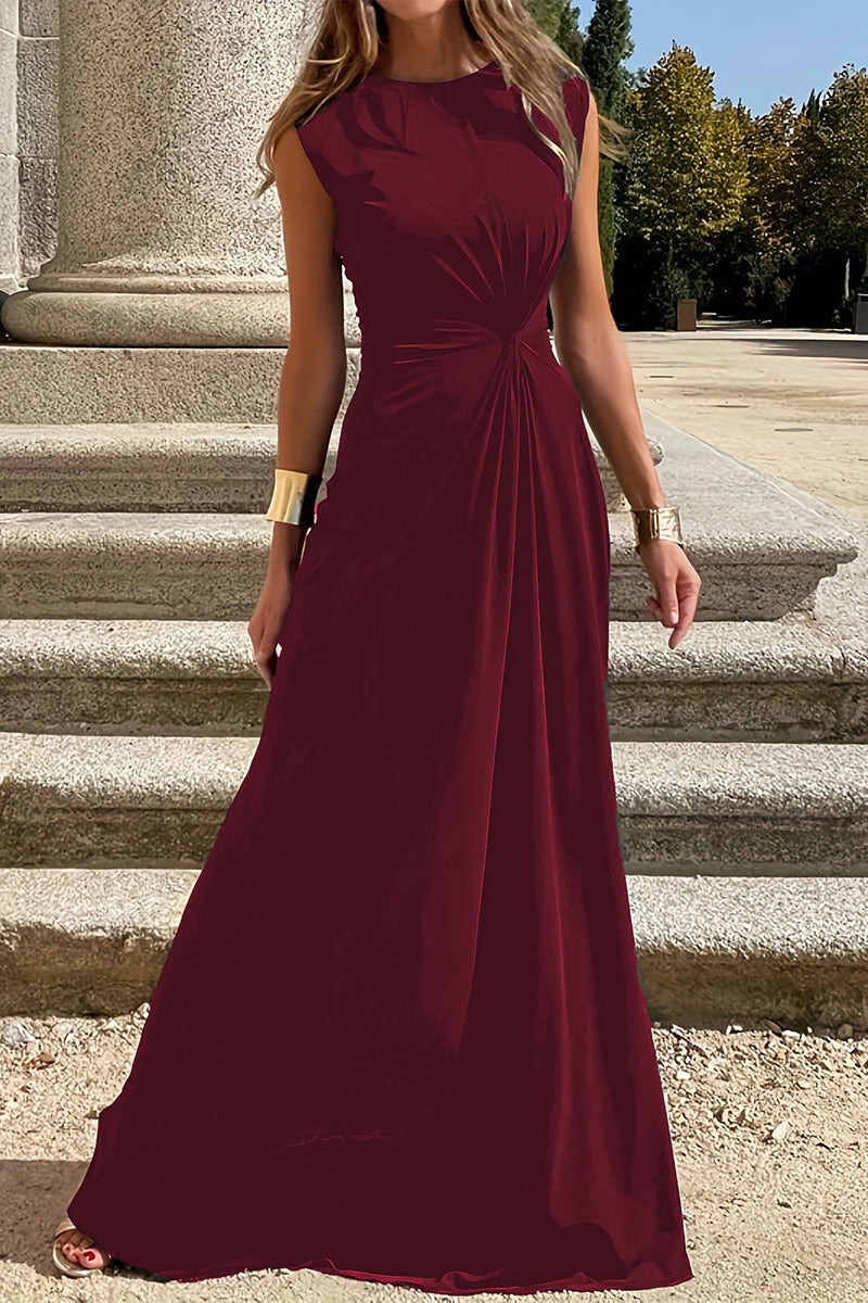 Valenzora | Elegant simplicity solid color pleated O-neck vest dress