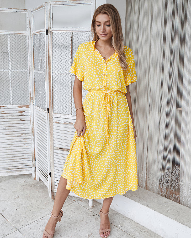 Valenzora | Casual Polka Dot V-Neck Short Sleeve Midi Dress