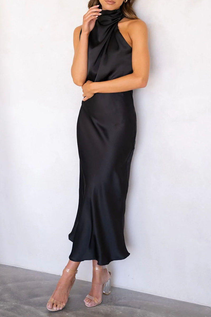 Valenzora | Elegant Solid Fold Collar One-Step Skirt Dresses