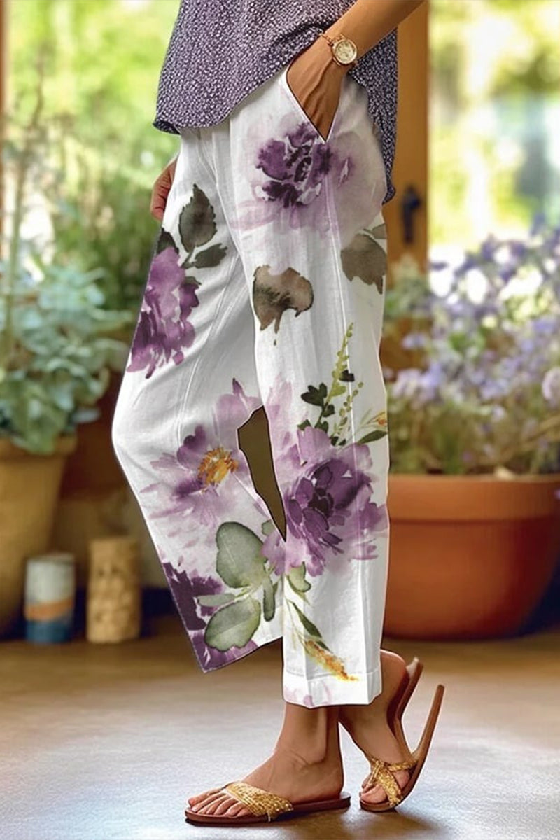 Valenzora | Casual floral patchwork loose mid-waist straight full-print trousers