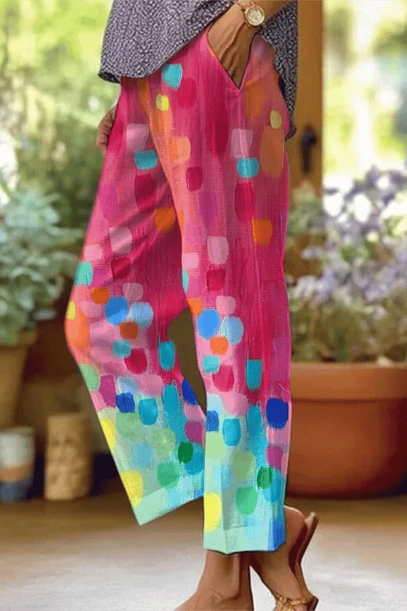 Valenzora | Casual floral patchwork loose mid-waist straight full-print trousers
