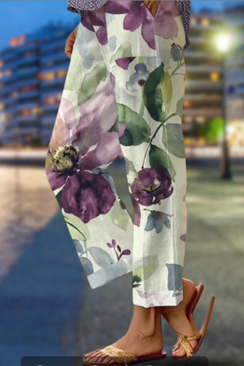 Valenzora | Casual floral patchwork loose mid-waist straight full-print trousers