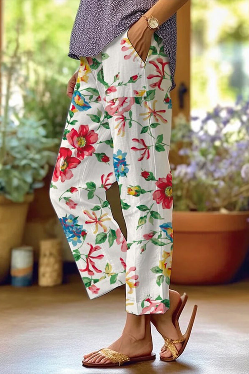 Valenzora | Casual floral patchwork loose mid-waist straight full-print trousers