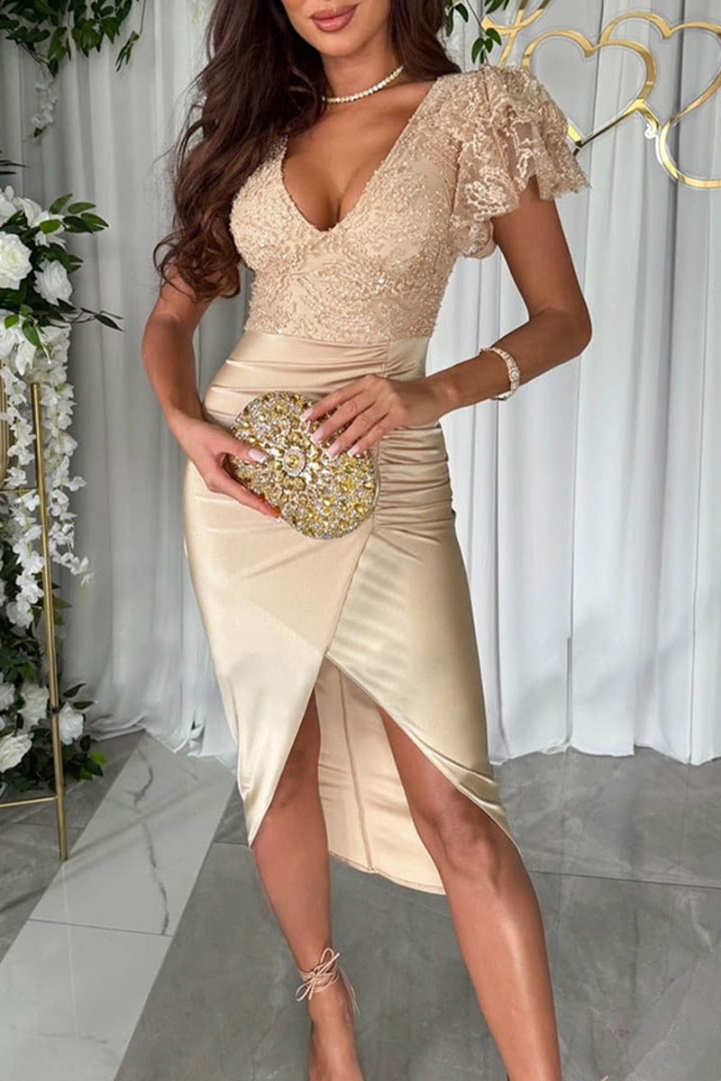 Valenzora | Elegante Celebrity-Kleider mit Pailletten, Wickelrock und V-Ausschnitt in Unifarben